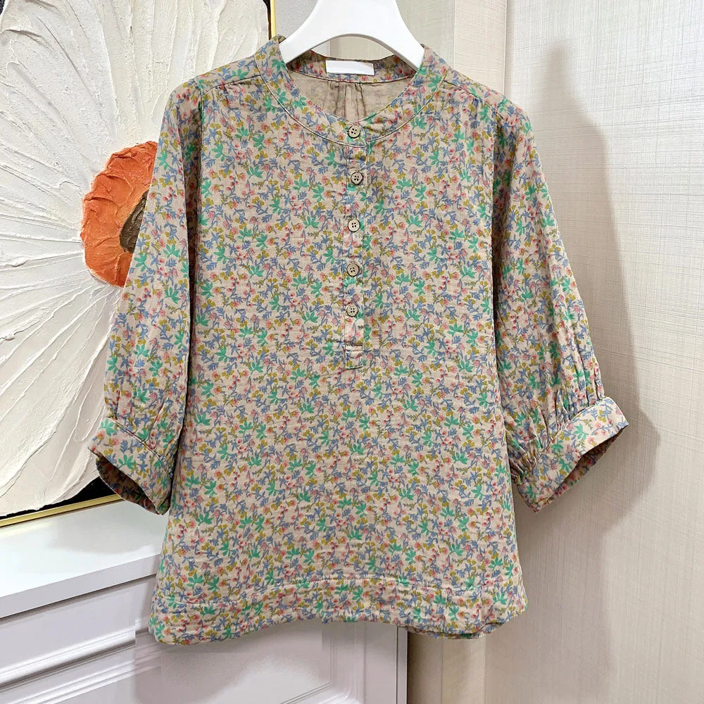 Summer Retro Floral Short Sleeve Loose Cotton Shirts
