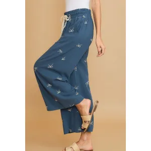 Umgee  Lace Drawstring Embroidered Bow Wide Leg Pants-Blue