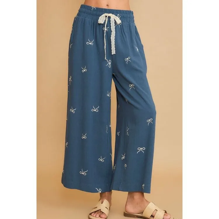 Umgee  Lace Drawstring Embroidered Bow Wide Leg Pants-Blue