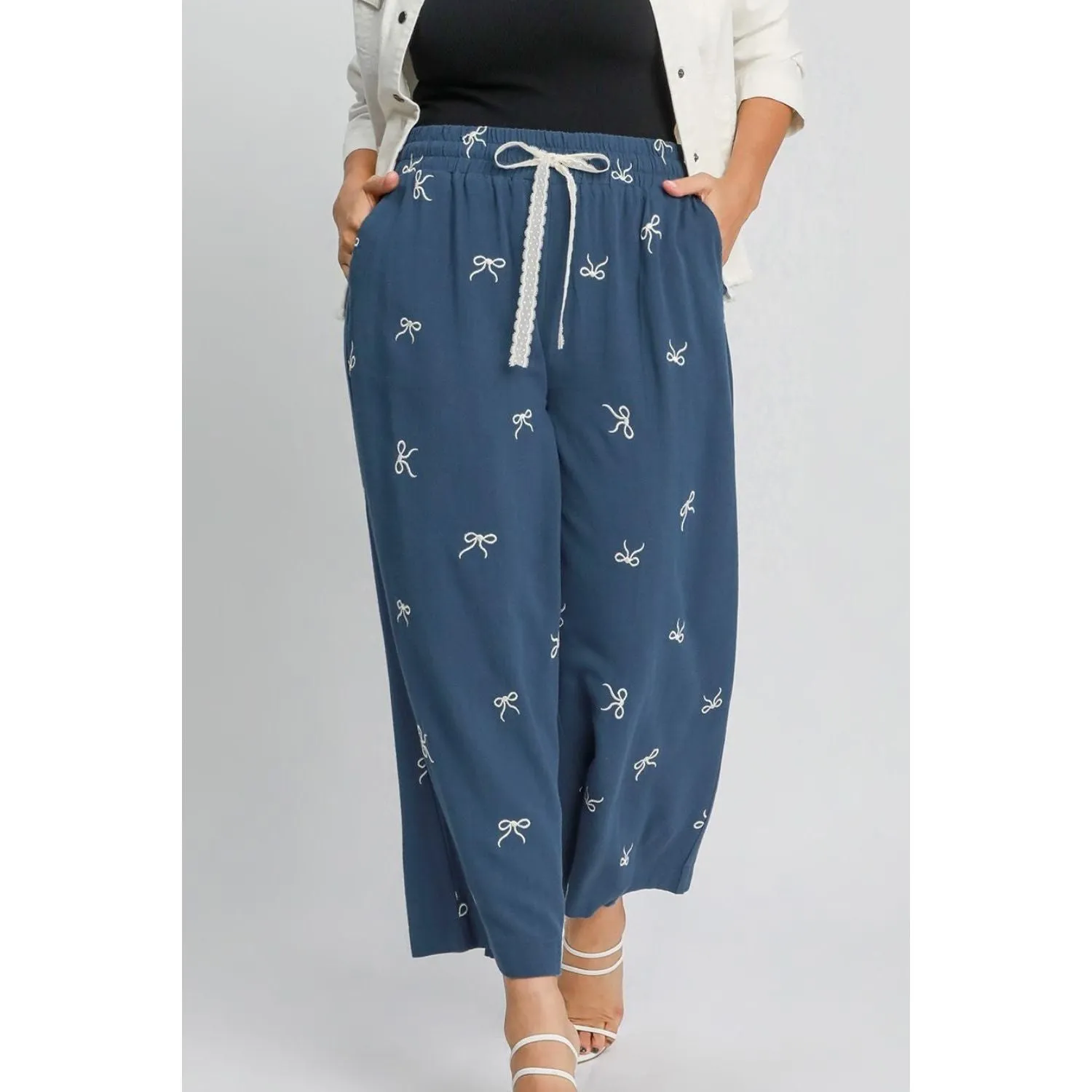 Umgee  Lace Drawstring Embroidered Bow Wide Leg Pants-Blue