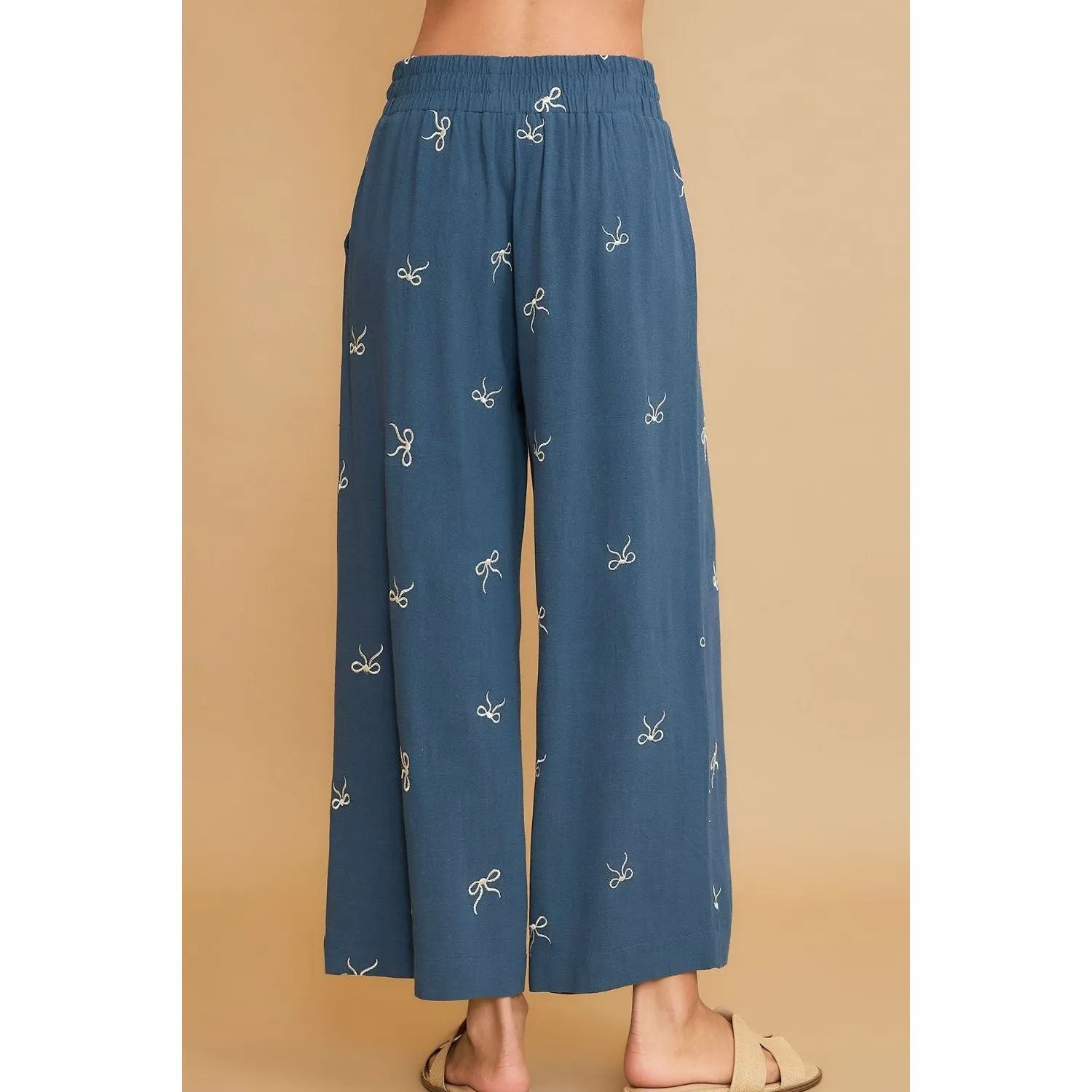 Umgee  Lace Drawstring Embroidered Bow Wide Leg Pants-Blue