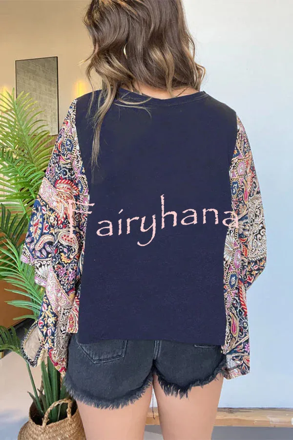 Unique Ethnic Print Batwing Sleeve Loose Top
