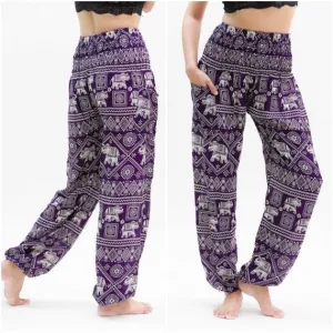 Unisex Bohemian Elephant Diamond Print Harem Pants- Purple