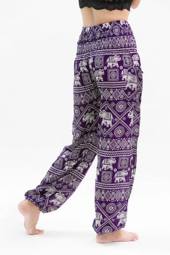 Unisex Bohemian Elephant Diamond Print Harem Pants- Purple
