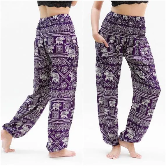 Unisex Bohemian Elephant Diamond Print Harem Pants- Purple