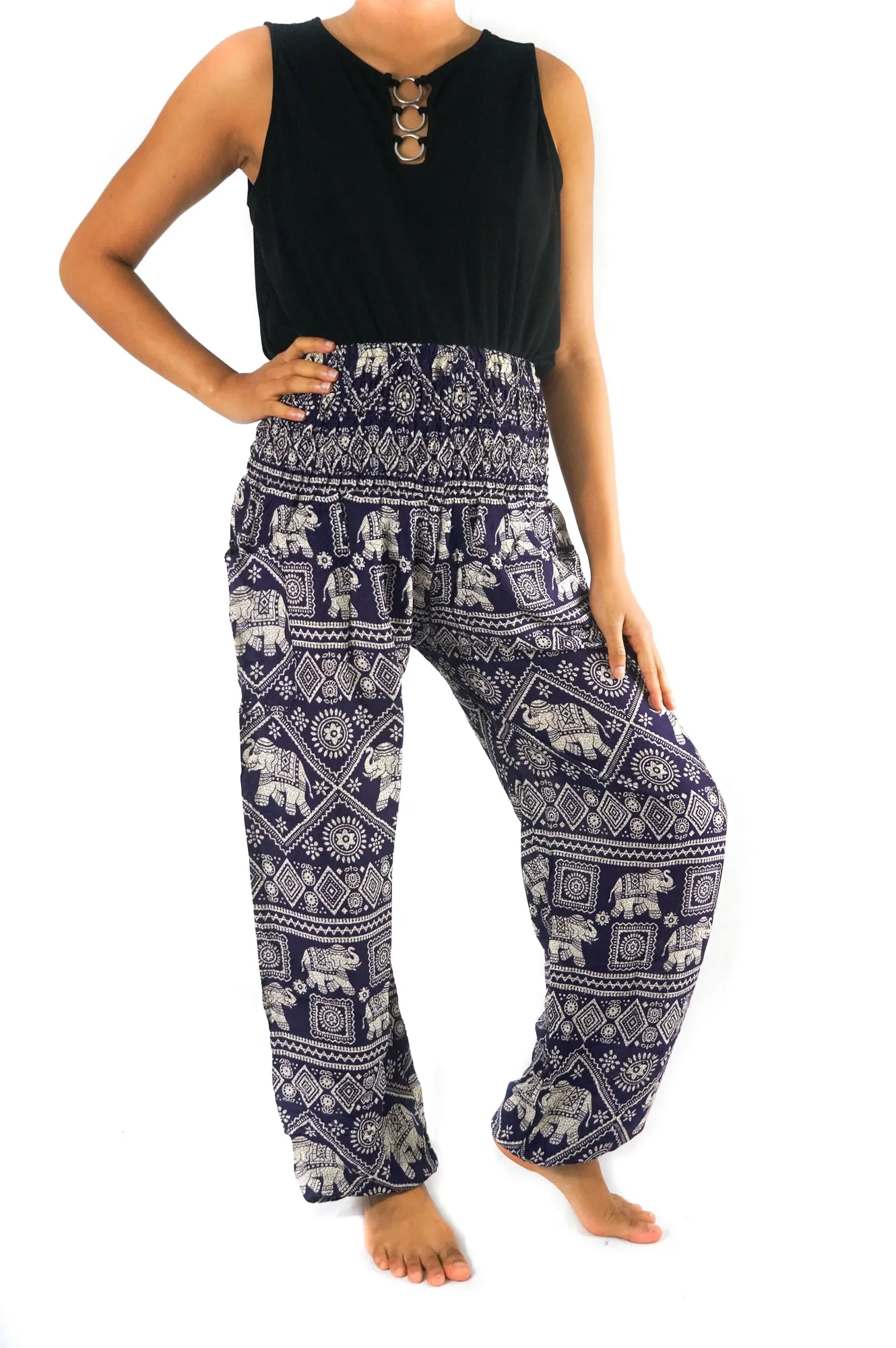 Unisex Bohemian Elephant Diamond Print Harem Pants- Purple