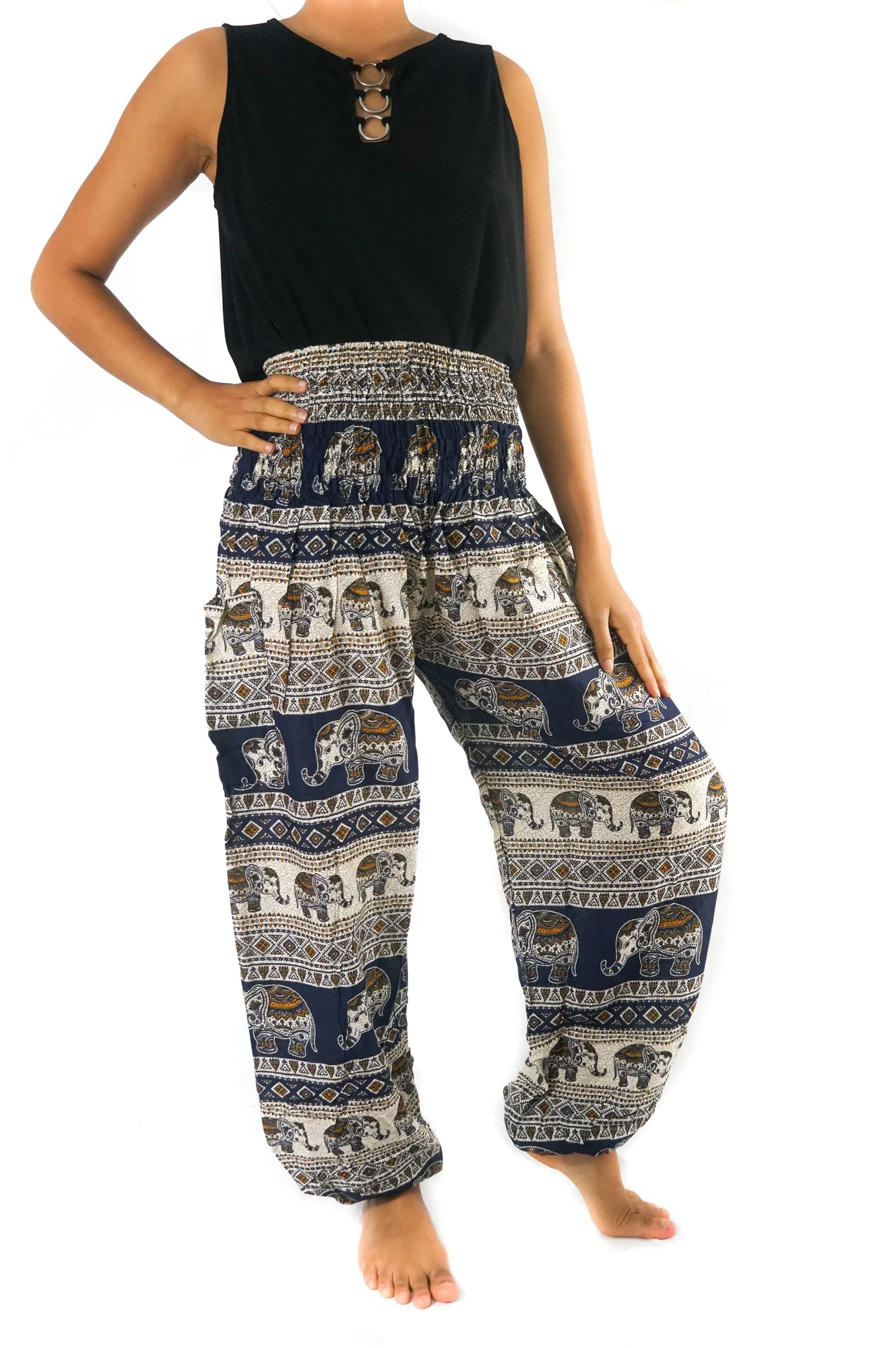 Unisex Bohemian Elephant Tribal Harem Pants- Navy/Cream