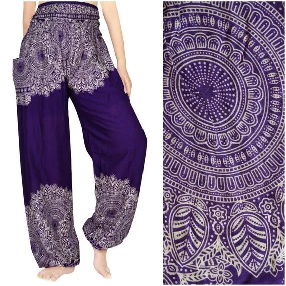 Unisex Bohemian Floral Scroll Harem Pants- Purple
