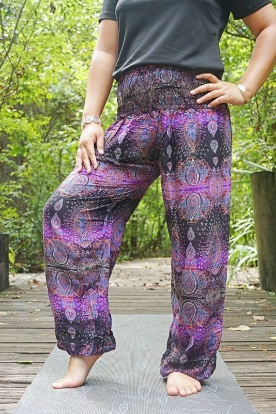 Unisex Bohemian Paisley Harem Pants- Purple/Black