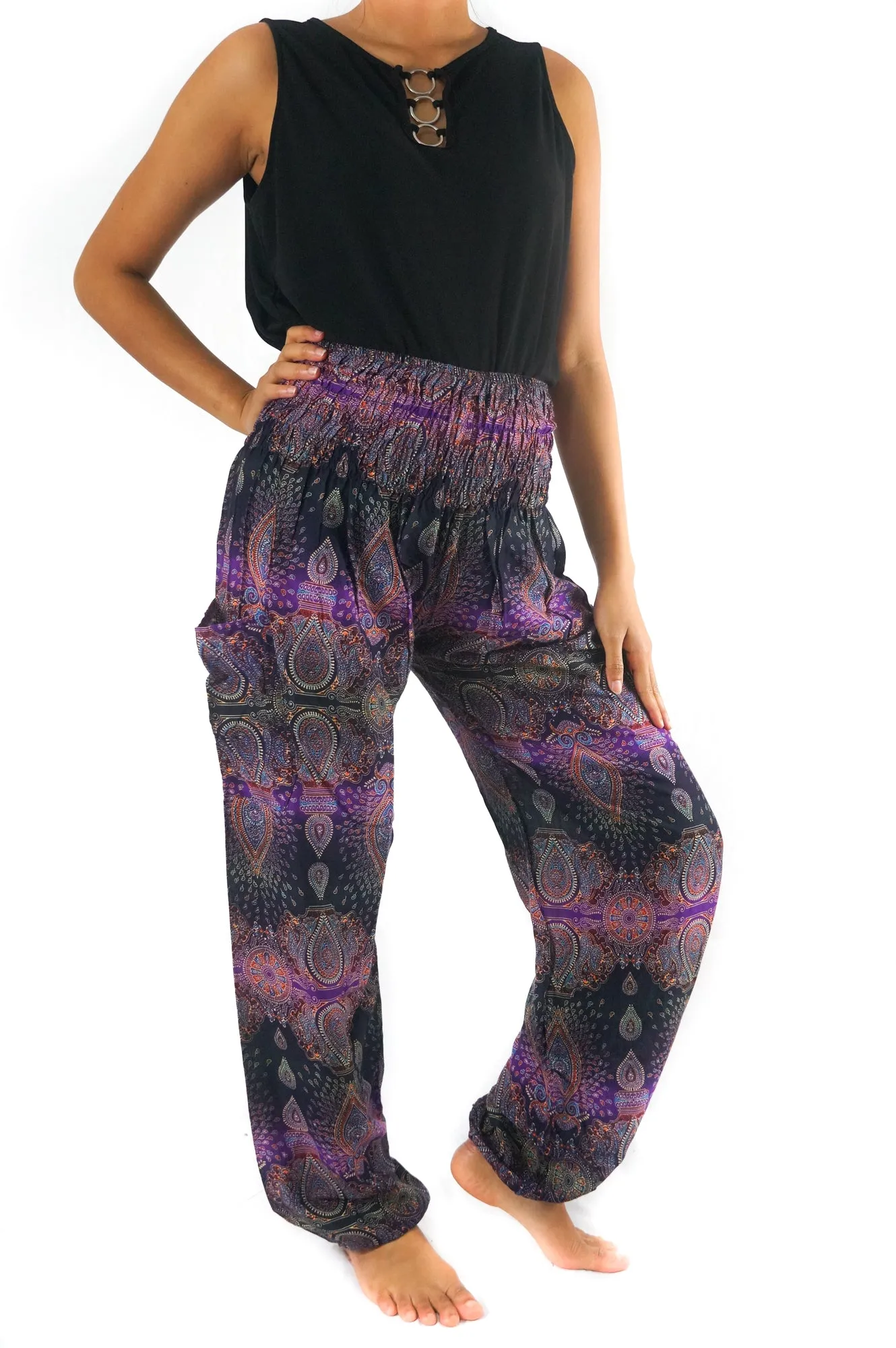 Unisex Bohemian Paisley Harem Pants- Purple/Black