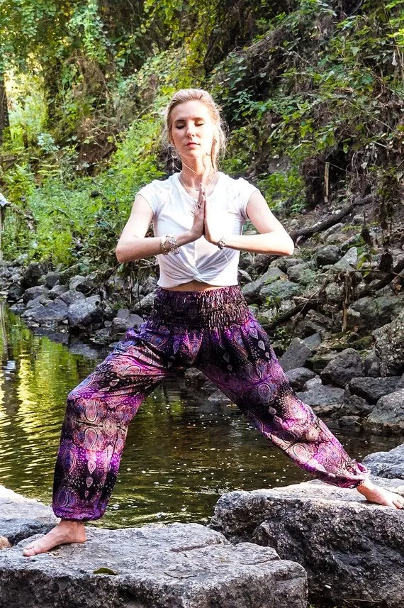 Unisex Bohemian Paisley Harem Pants- Purple/Black