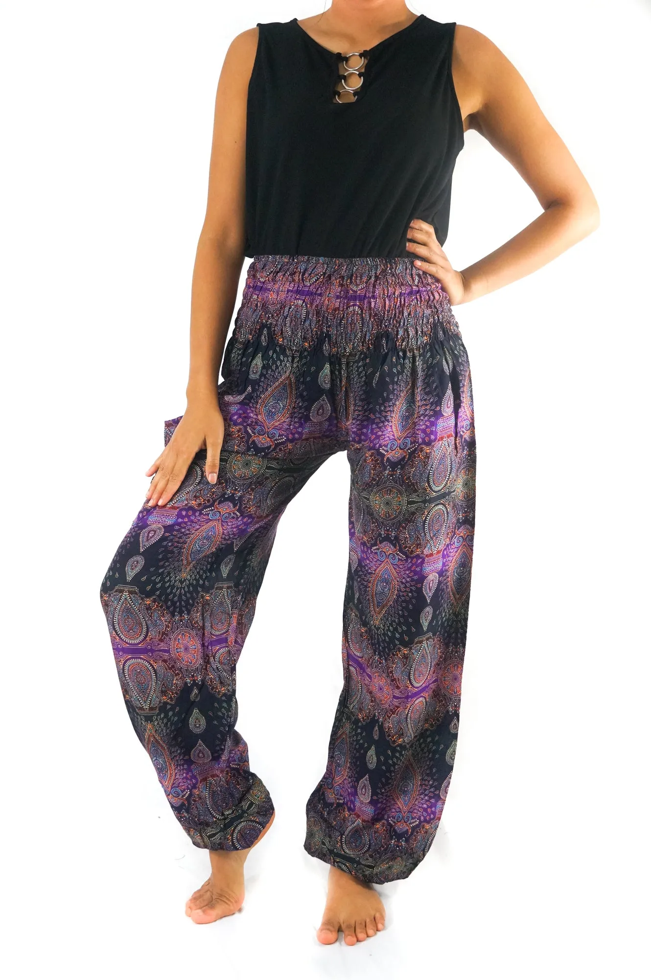 Unisex Bohemian Paisley Harem Pants- Purple/Black