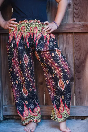 Unisex Bohemian Peacock Feather Paisley Harem Pants- Black Multi