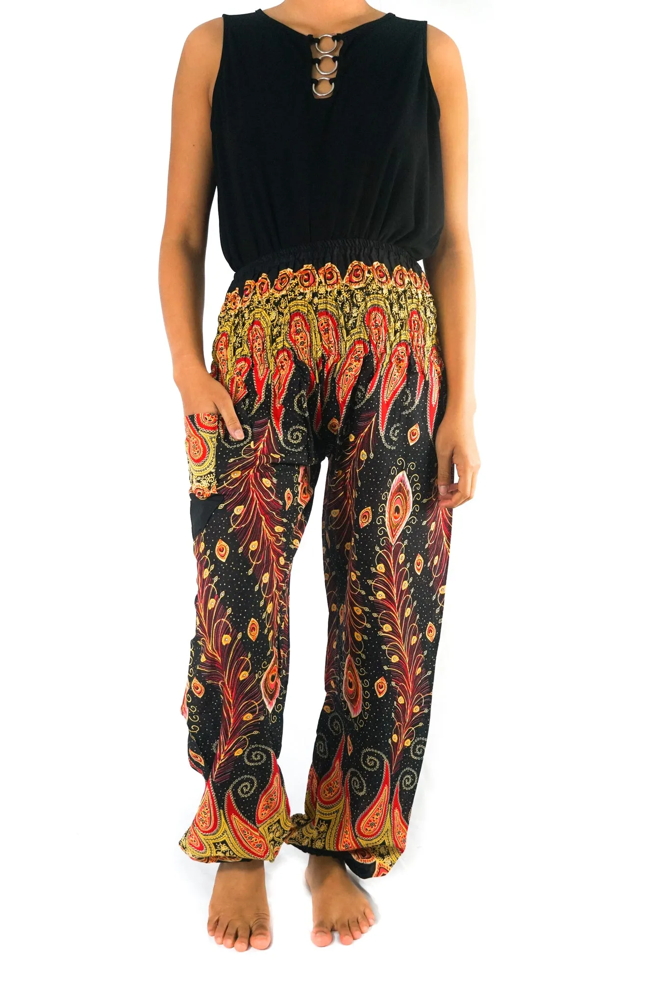 Unisex Bohemian Peacock Feather Paisley Harem Pants- Black Multi