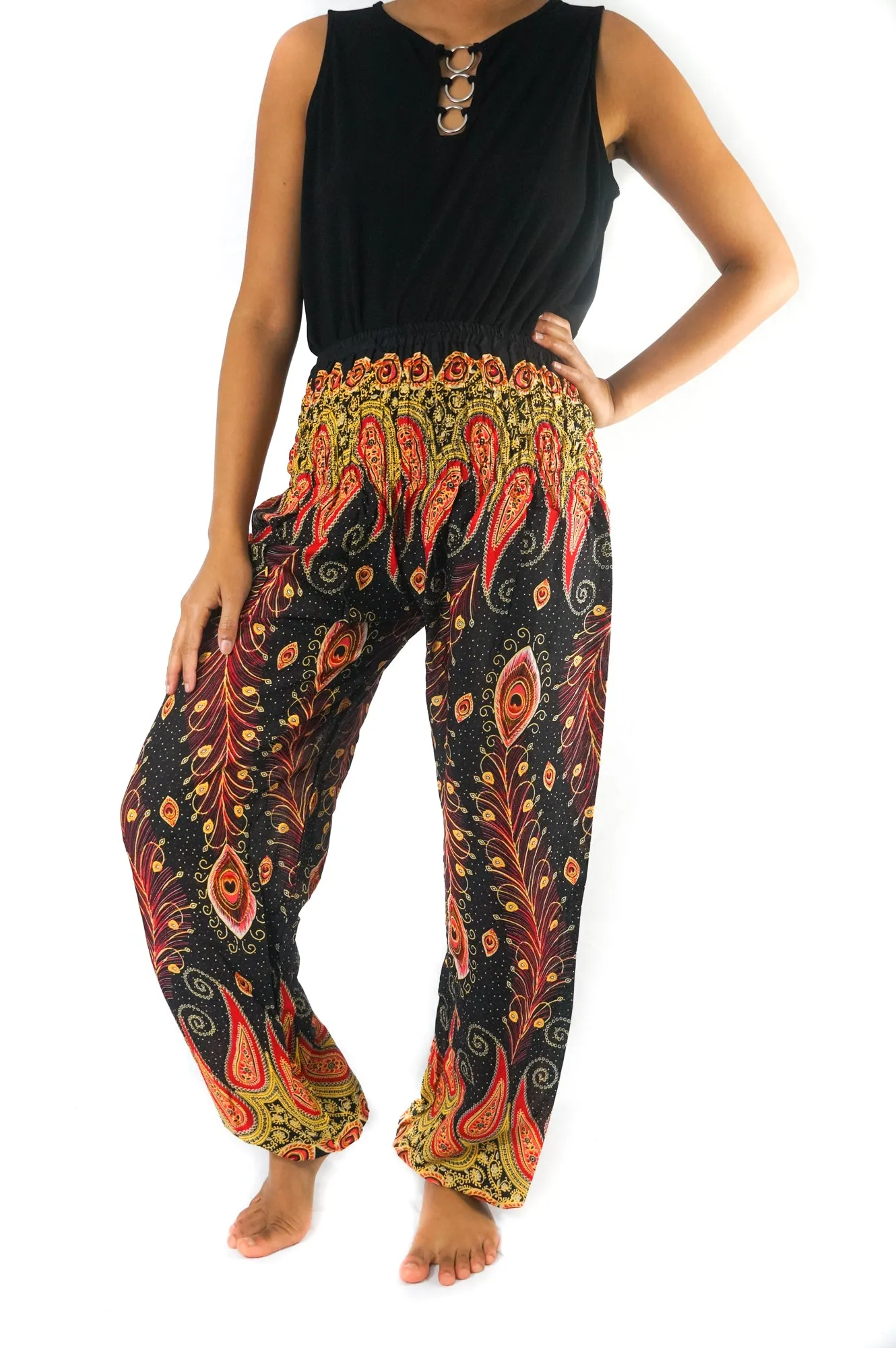 Unisex Bohemian Peacock Feather Paisley Harem Pants- Black Multi