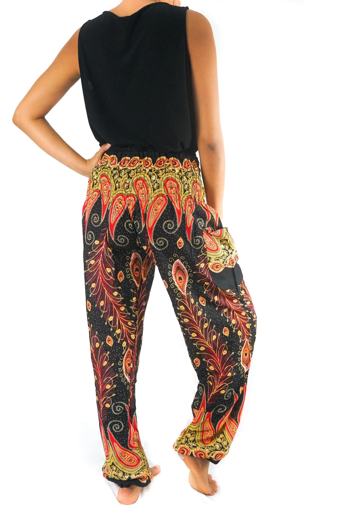 Unisex Bohemian Peacock Feather Paisley Harem Pants- Black Multi