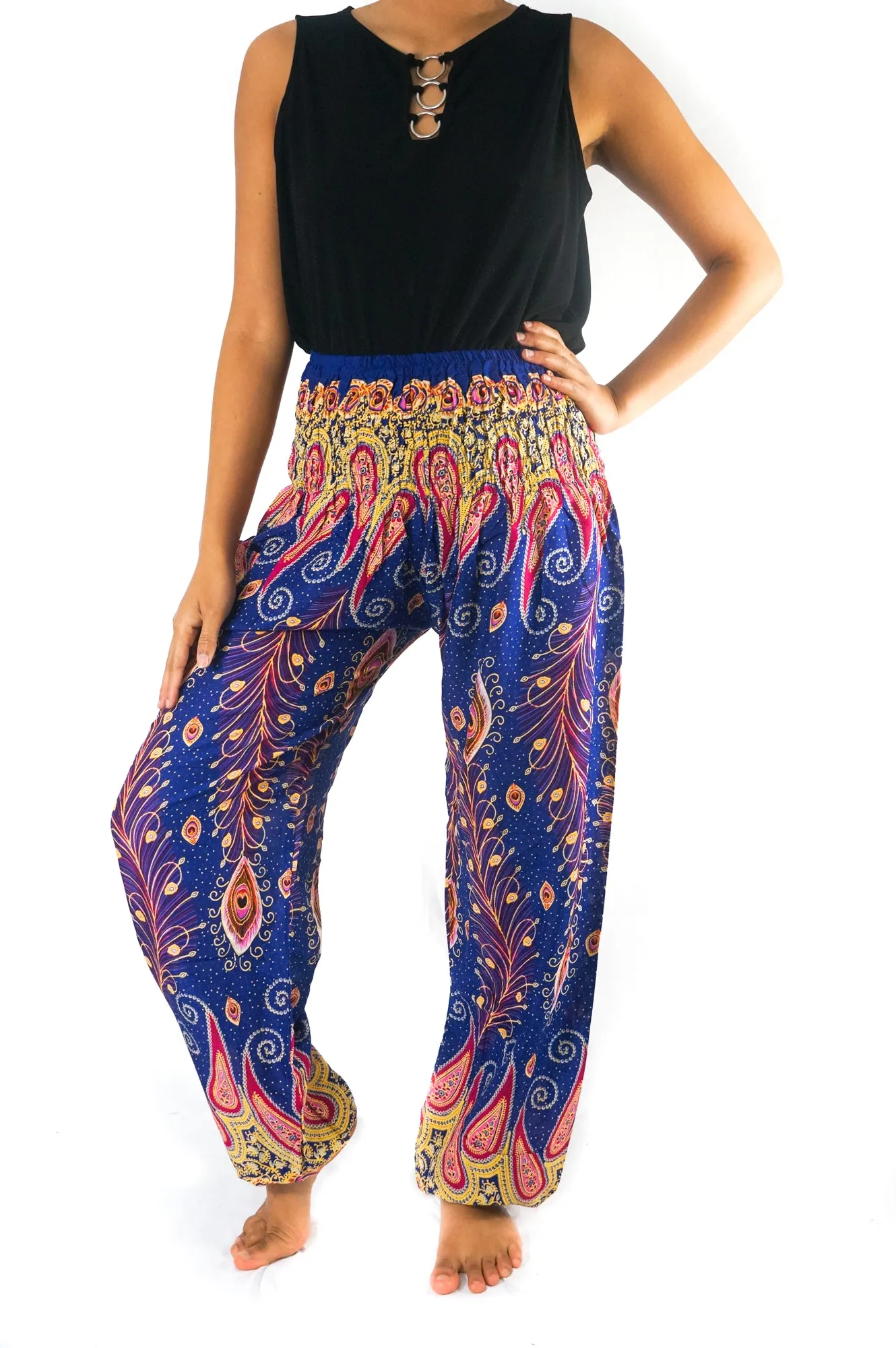 Unisex Bohemian Peacock Feather Paisley Harem Pants- Blue Multi