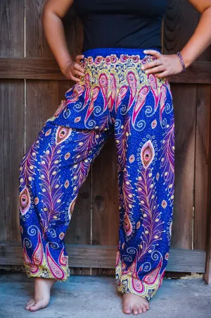 Unisex Bohemian Peacock Feather Paisley Harem Pants- Blue Multi