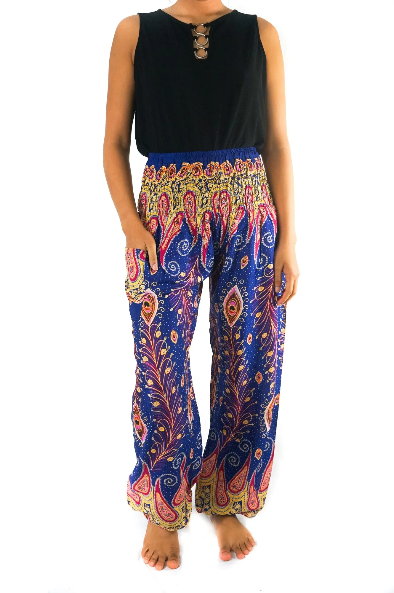 Unisex Bohemian Peacock Feather Paisley Harem Pants- Blue Multi