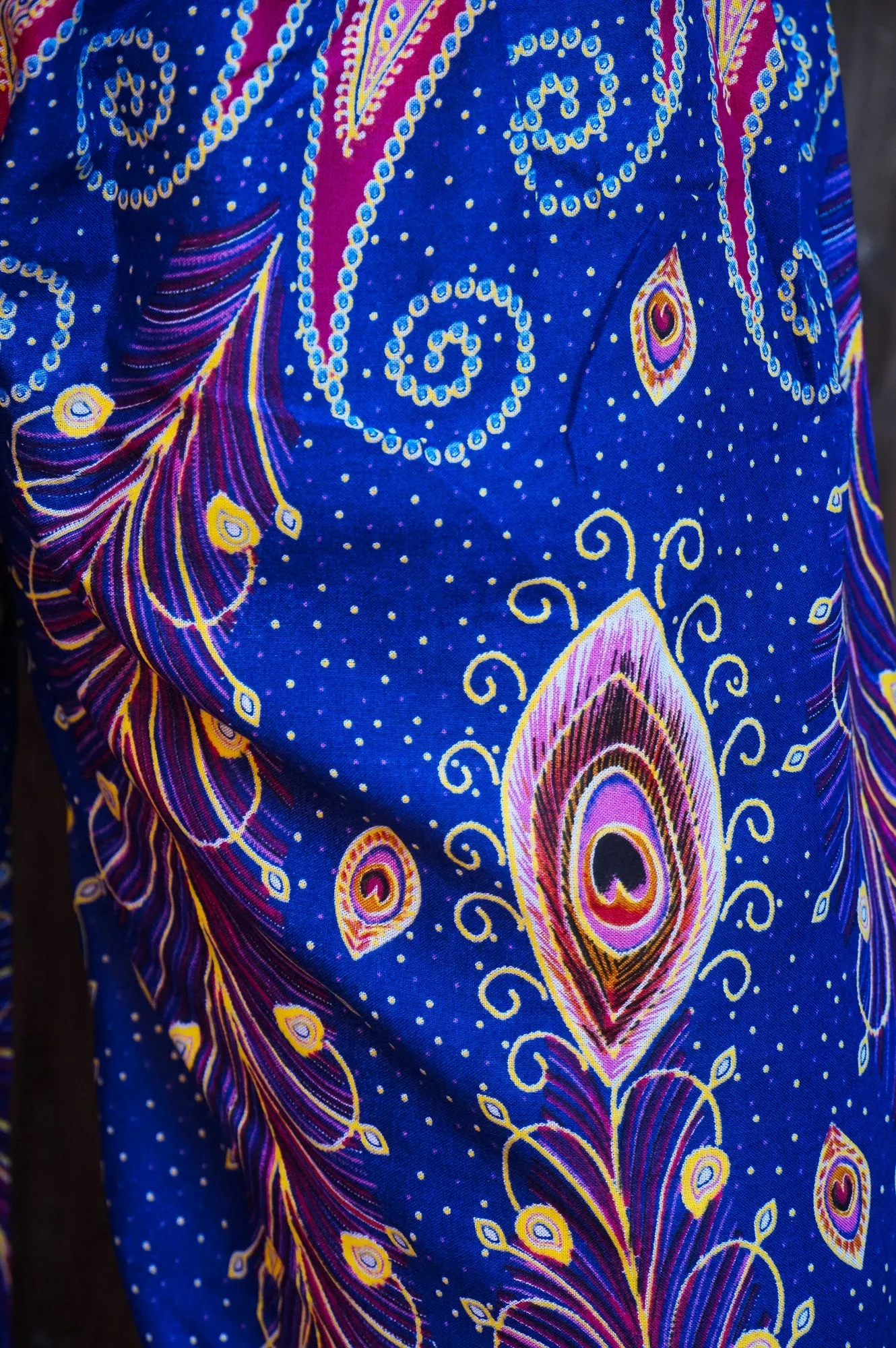 Unisex Bohemian Peacock Feather Paisley Harem Pants- Blue Multi