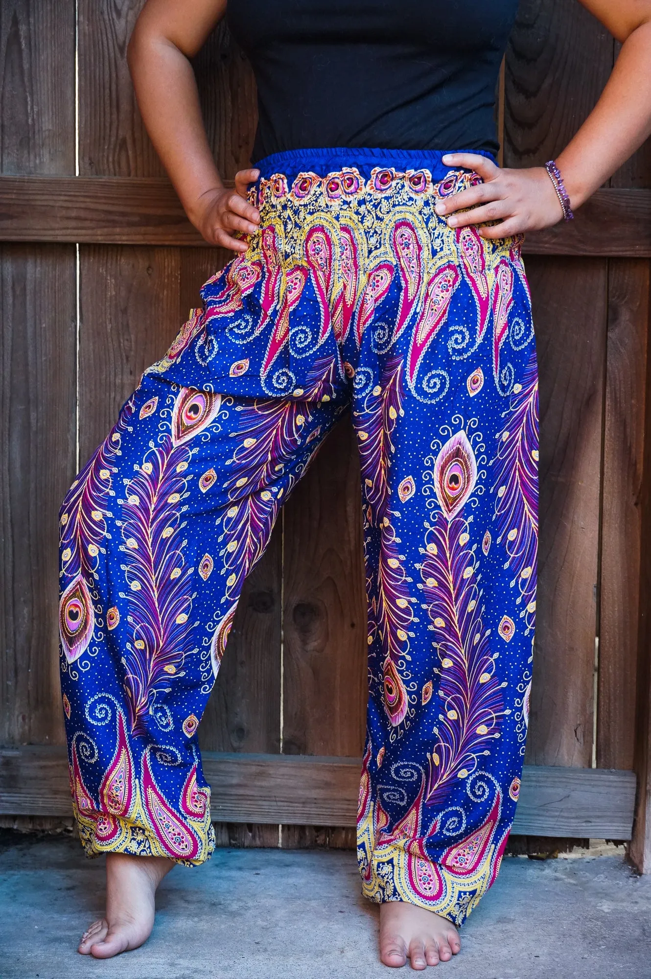 Unisex Bohemian Peacock Feather Paisley Harem Pants- Blue Multi