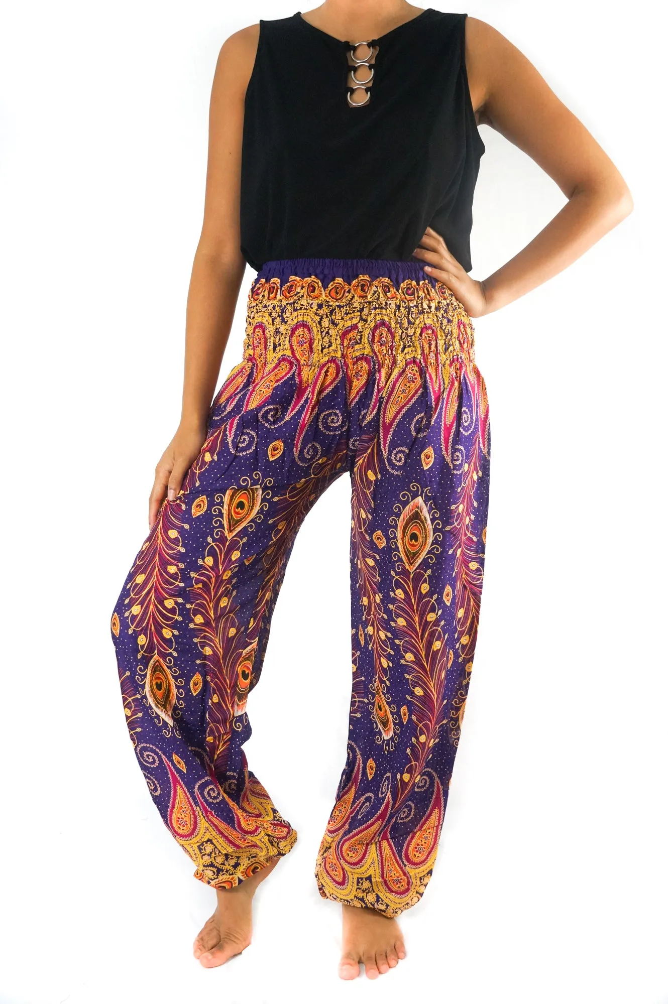 Unisex Bohemian Peacock Feather Paisley Harem Pants- Purple Multi