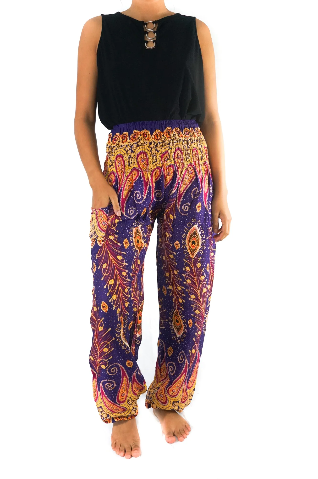 Unisex Bohemian Peacock Feather Paisley Harem Pants- Purple Multi