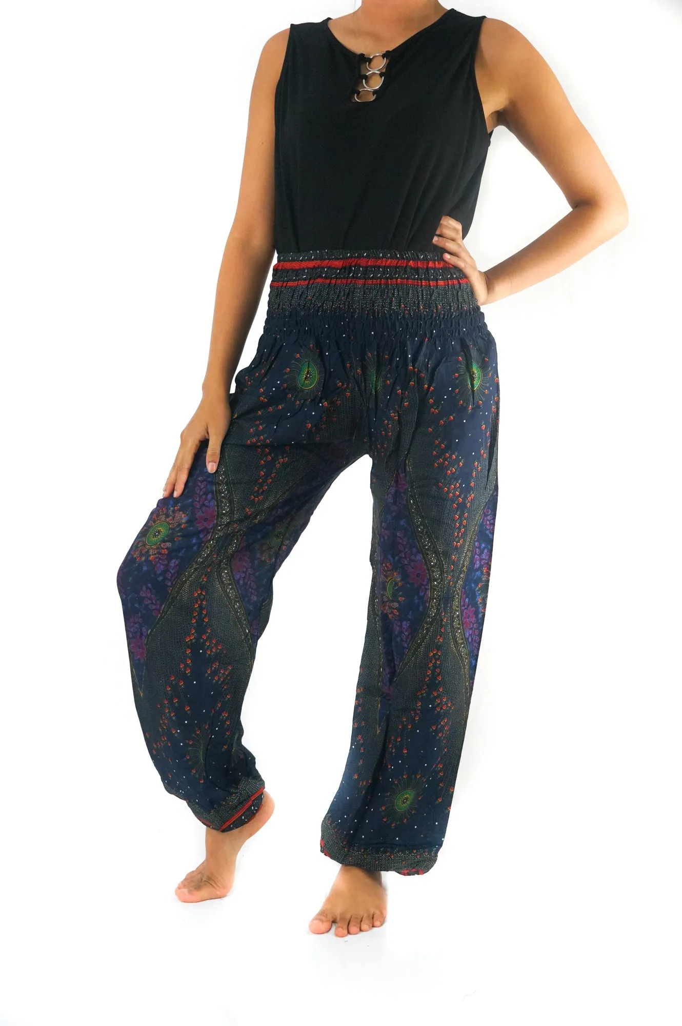 Unisex Bohemian Peacock Feather Plume Harem Pants- Blue Multi