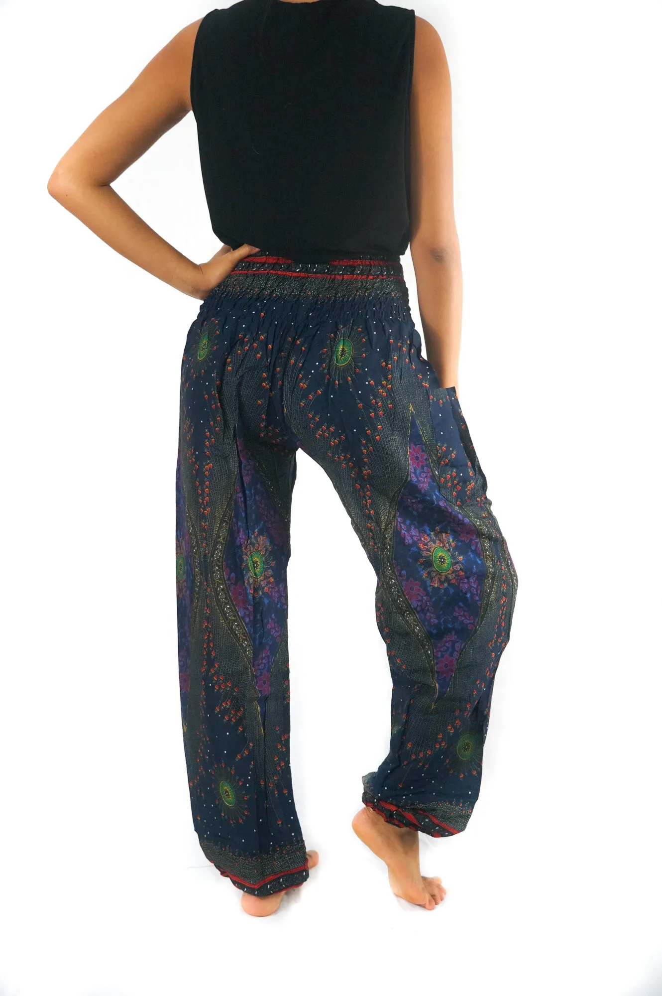 Unisex Bohemian Peacock Feather Plume Harem Pants- Blue Multi