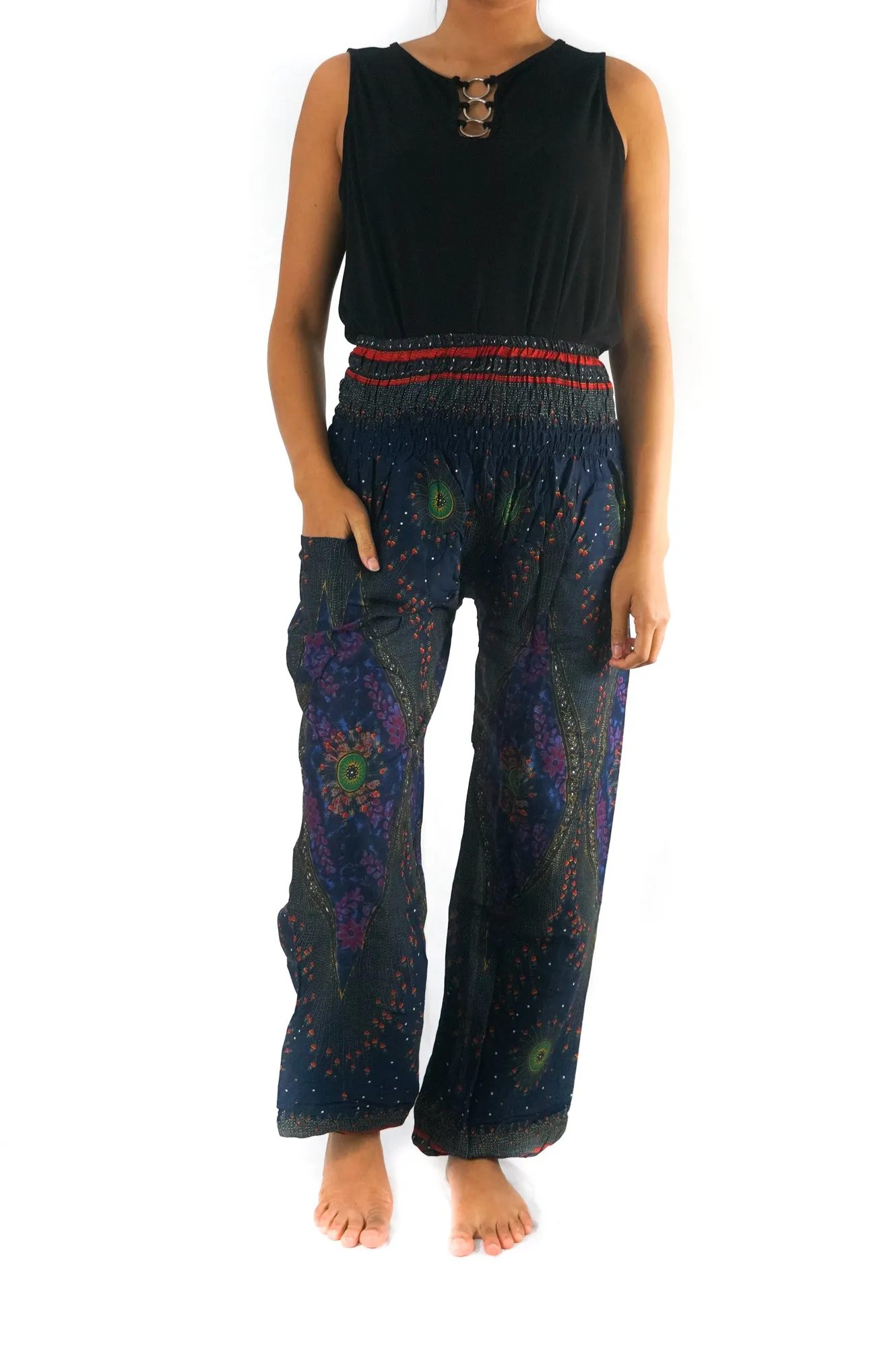 Unisex Bohemian Peacock Feather Plume Harem Pants- Blue Multi