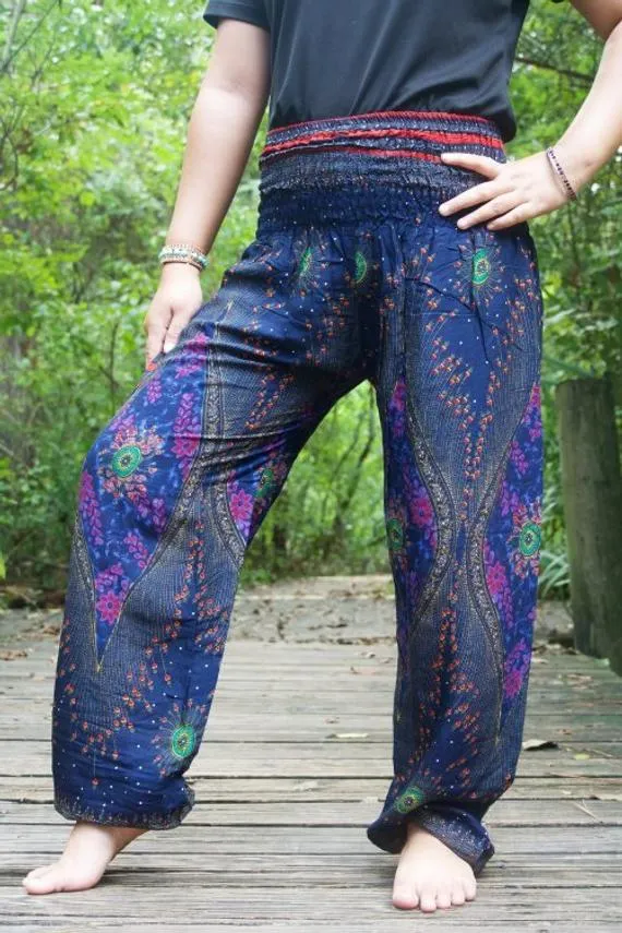 Unisex Bohemian Peacock Feather Plume Harem Pants- Blue Multi