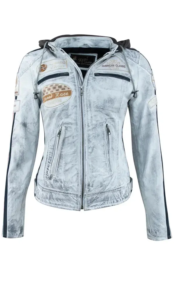 Urban 5884 Sixty-Six Ladies Lambskin Leather Motorcycle Jacket with Removable Fleece Hoodie and Inner Pockets