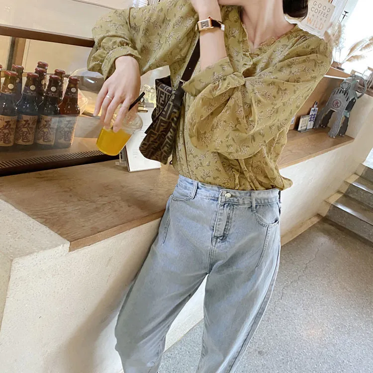 V-Neck Florals Pattern Leisure Blouse Shirts