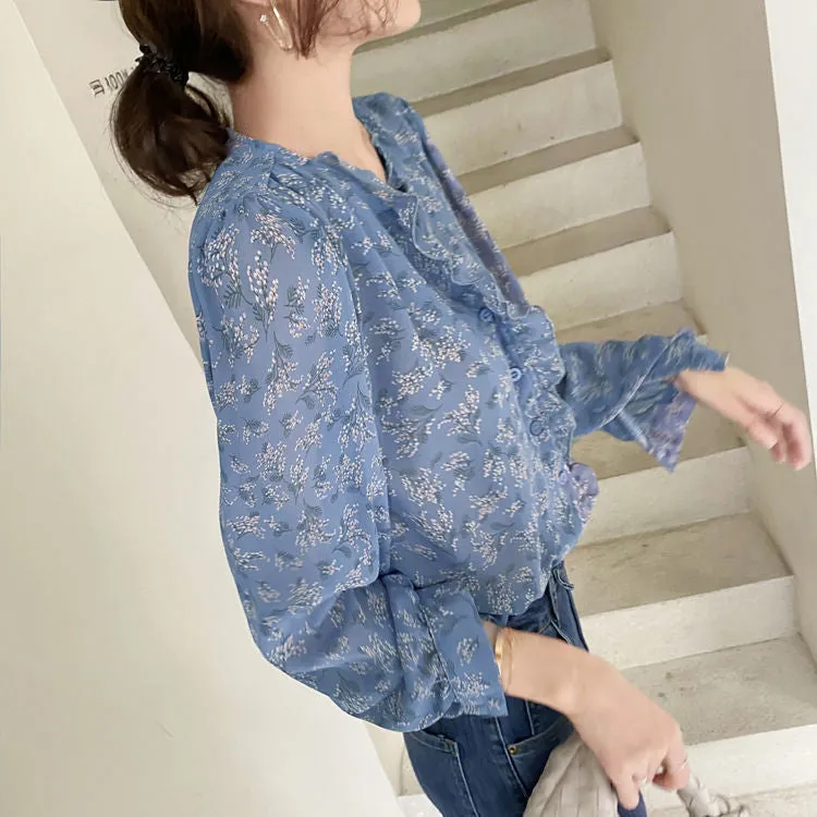 V-Neck Florals Pattern Leisure Blouse Shirts