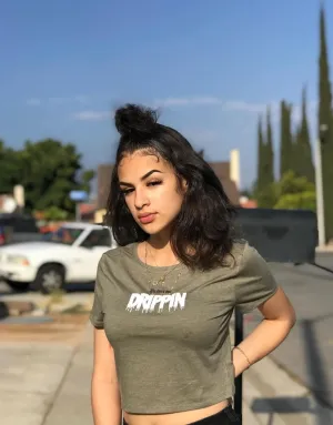 White Drippin (S) | Heather Olive Crop Top Tee