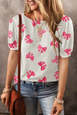 White Flower/Bowknot Print Bubble Sleeve Tee