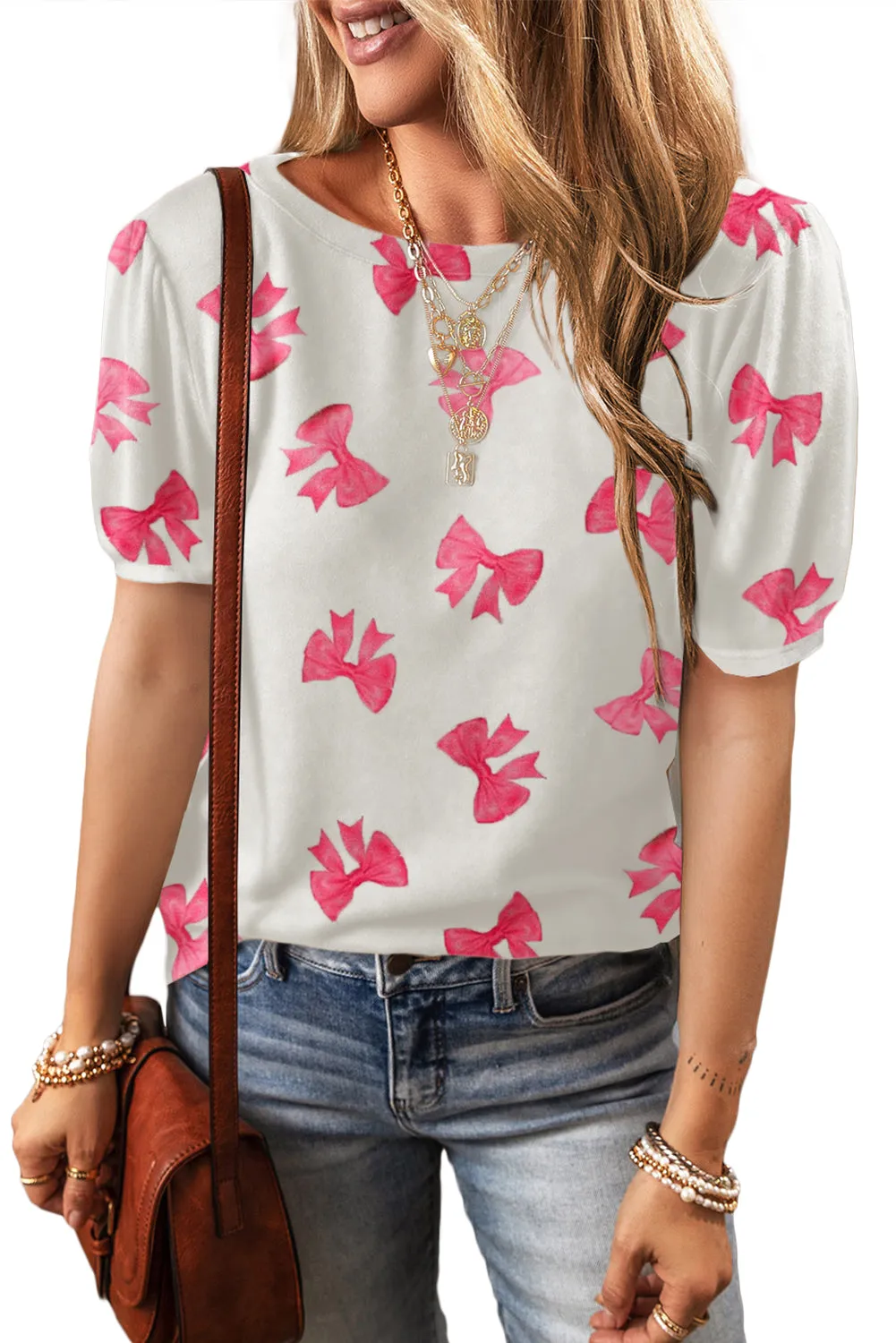 White Flower/Bowknot Print Bubble Sleeve Tee
