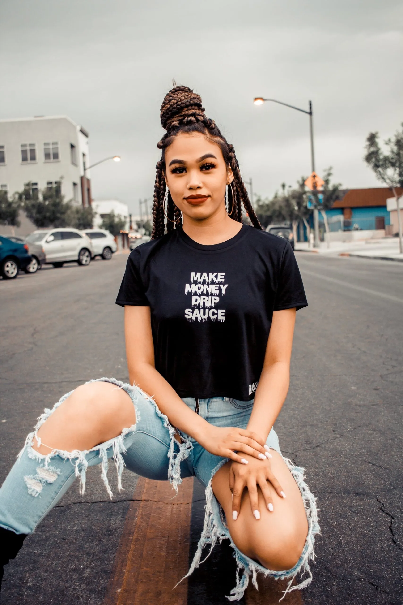 White MMDS (S) | Black Crop Top Tee