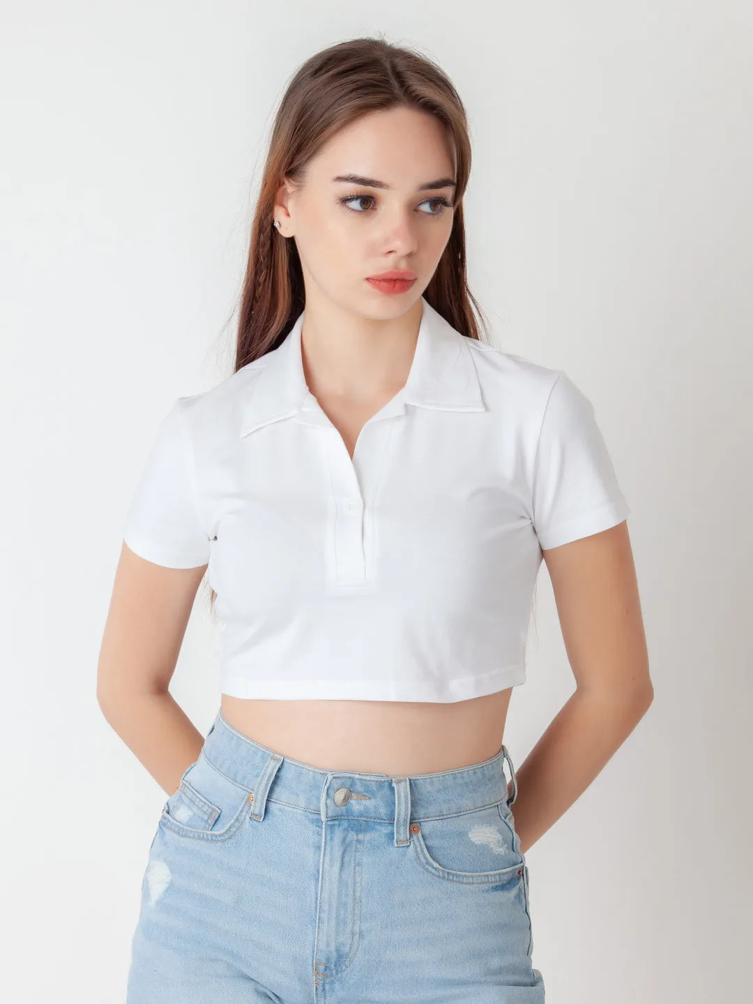 White Solid Cropped T-Shirt