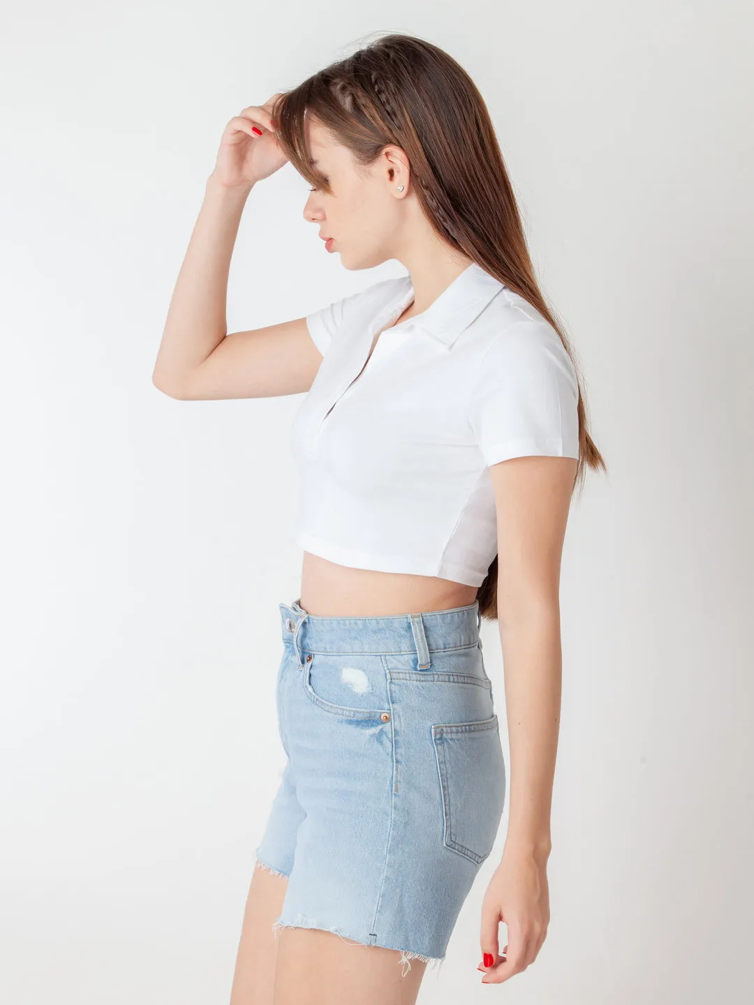 White Solid Cropped T-Shirt