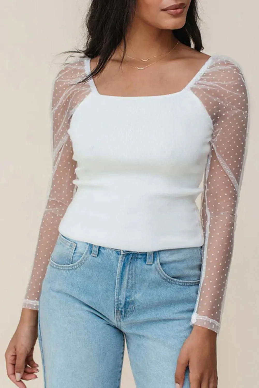 White Swiss Dot Mesh Long Sleeve Square Neck Slim Top