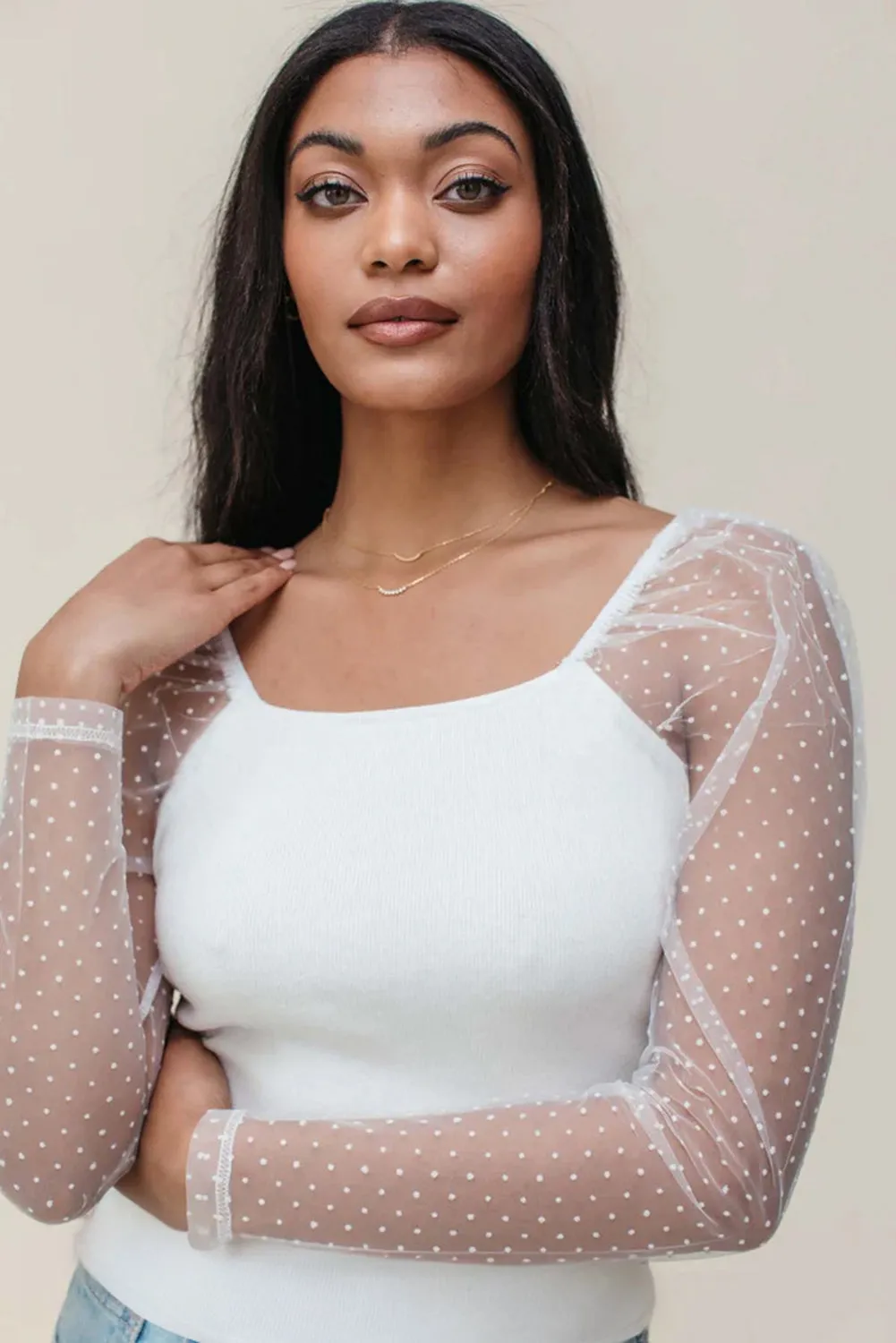 White Swiss Dot Mesh Long Sleeve Square Neck Slim Top