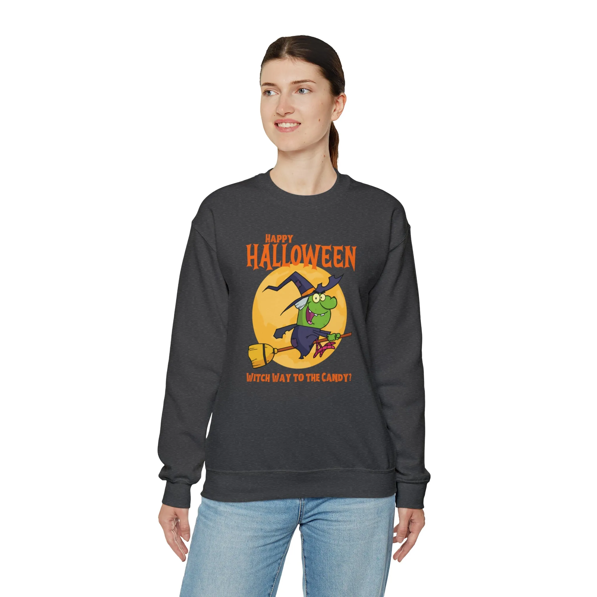 Witch Way to the Candy Halloween Sweatshirt, Happy Halloween Sweatshirt, Funny Witch Party Sweatshirt, Unisex Heavy Blend Shirt