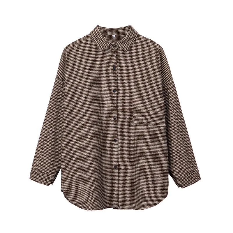 Women Loose Woolen Plaid Lapel Shirts
