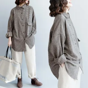 Women Loose Woolen Plaid Lapel Shirts