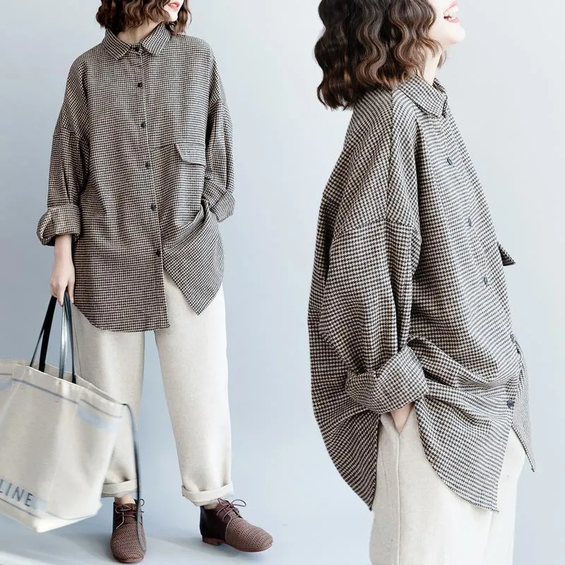 Women Loose Woolen Plaid Lapel Shirts