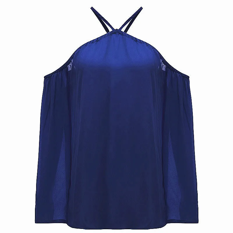 Women Off Shoulder Blouse Halter Long Sleeve Chiffon Top Plus Size Ladies Solid Causal Loose Chiffon Shirts