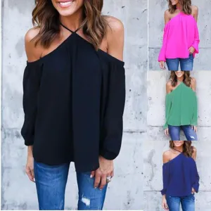 Women Off Shoulder Blouse Halter Long Sleeve Chiffon Top Plus Size Ladies Solid Causal Loose Chiffon Shirts