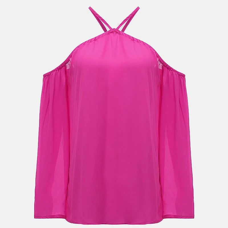 Women Off Shoulder Blouse Halter Long Sleeve Chiffon Top Plus Size Ladies Solid Causal Loose Chiffon Shirts