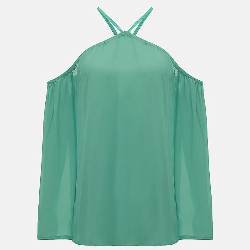 Women Off Shoulder Blouse Halter Long Sleeve Chiffon Top Plus Size Ladies Solid Causal Loose Chiffon Shirts